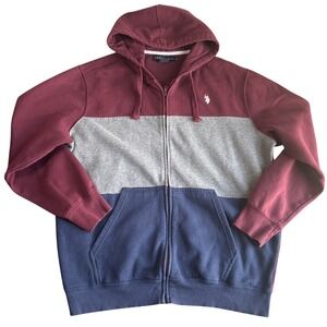 U.S. Polo Assn. Color Block Zip Up Hoodie Sweatshirt Men's XL Burgundy Grey Blue